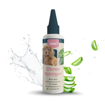 Flasche mit Ohrreiniger für Haustiere, beschriftet mit "Ohren Reiniger," mit Bildern von Aloe Vera und Wasserspritzern im Hintergrund.
