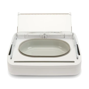 Automatischer Futterspender für Haustiere mit transparentem Deckel, mit einer grauen Schüssel und einem eleganten weißen Sockel, entworfen für bequemes Füttern.