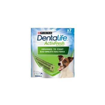 Purina DentalLife ActivFresh dog treats package with a happy dog, labeled "Fights bad breath bacteria," contains 7 sticks.