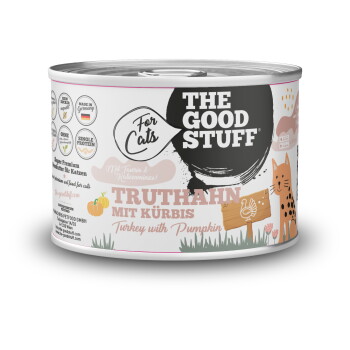 Dose 'THE GOOD STUFF' Katzenfutter mit der Aufschrift 'Truthahn mit Kürbis / Turkey with Pumpkin', 'For Cats'-Abzeichen und orangefarbener Katzenillustration