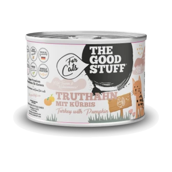 Dose 'THE GOOD STUFF' Katzenfutter mit der Aufschrift 'Truthahn mit Kürbis / Turkey with Pumpkin', 'For Cats'-Abzeichen und orangefarbener Katzenillustration