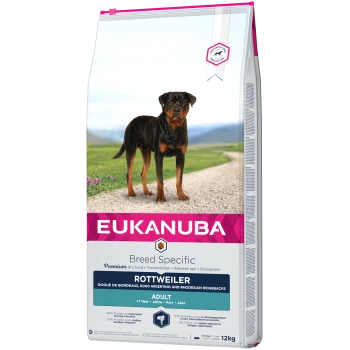Eukanuba Rasse-spezifisches Rottweiler Hundefutterbeutel, mit einem Rottweiler auf der Vorderseite, gekennzeichnet als Premium-Trockenfutter für Erwachsene, 12 kg.