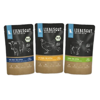 Drei LIEBESGUT Bio-Kätzchenfutterbeutel (Rind, Huhn, Lamm) mit Tierzeichnungen, der Aufschrift „Made in Germany“ und BIO‑Labels.
