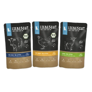 Drei LIEBESGUT Bio-Kätzchenfutterbeutel (Rind, Huhn, Lamm) mit Tierzeichnungen, der Aufschrift „Made in Germany“ und BIO‑Labels.