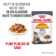 Royal Canin Hair & Skin kattenvoer zakje met een bord natvoer, met tekst over huidgezondheid en verbetering van de vachtkwaliteit.