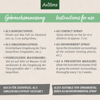 Gebrauchsanweisung für AniForte Spray, die Kontakt, Umgebung und Präventionsmaßnahmen auf Deutsch und Englisch detailliert.