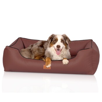 orthopädisches Hundebett Montana aus Kunstleder braun/ rot M-L