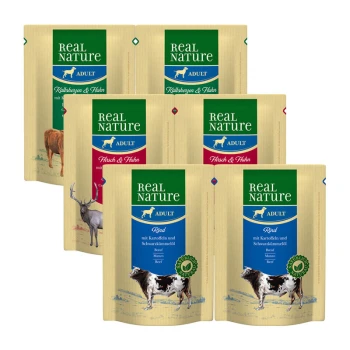 Sechs Beutel Real Nature-Hundefutter für Erwachsene, mit Geschmacksrichtungen wie Rind und Huhn, mit Illustrationen von Tieren und Zutaten.