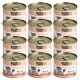 Zwölf Dosen Hundefutter von DOGS'n TIGER mit der Aufschrift "NESTHÄKCHEN Geflügel", mit Bildern von Katzen und den Angaben "100% natürlich" und "nur Futter."