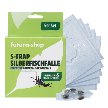 Grüne Verpackung für den Futura-Shop S-Trap Silberfischfalle, mit Illustration von Silberfischen und Text: "Effektive Kontrolle" und "Insektizidfrei."