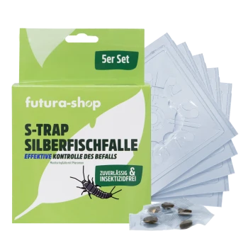 Grüne Verpackung für den Futura-Shop S-Trap Silberfischfalle, mit Illustration von Silberfischen und Text: "Effektive Kontrolle" und "Insektizidfrei."