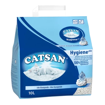 Blue and white packaging for CAT SAN Hygiene plus cat litter, featuring a sleeping white cat graphic, 10L size, and text in Swedish.