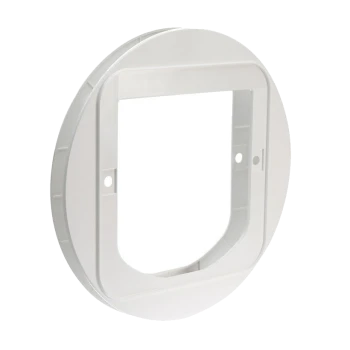 Cadre de porte pour animaux en plastique blanc avec une ouverture carrée, conçu pour une installation facile dans les murs ou les portes.