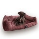 Ein grauer Hund, der auf einem plüschigen, burgunderfarbenen Hundebett mit einem kleinen Kissen liegt, auf dessen Seite ein Tierlando-Logo zu sehen ist.