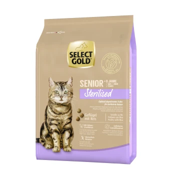 Katzenfuttertüte mit einer getigerten Katze, beschriftet mit "SELECT GOLD SENIOR Sterilised", die die Ernährung für sterilisierten Katzen mit Geflügel und Reis hervorhebt.