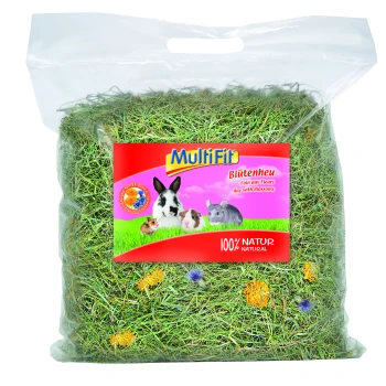 MultiFit Blütenheu Heu mit Blüten für Kleintiere, 100 % natürlich, in klarem Plastikbeutel mit Bildern von Kaninchen, Meerschweinchen, Hamster und Chinchilla.