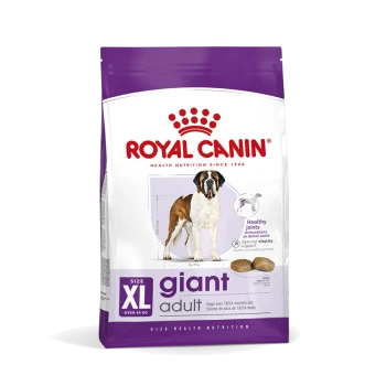 Royal Canin XL Giant Adult Hundefuttertüte mit einem Bernhardiner, der "Gesunde Gelenke" für Hunde über 45 kg betont.