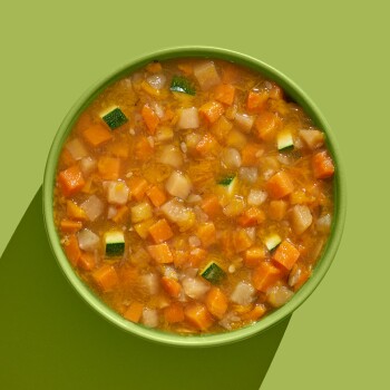 Eine grüne Schüssel gefüllt mit einer bunten Mischung aus Haustierfutter mit gewürfelten Karotten, Zucchini und anderen Gemüse in einer Brühe.