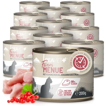 Dosen von Peavet Feines Menü Katzenfutter mit Kaninchen und Johannisbeeren, 98 % Fleisch, zucker- und getreidefrei, jeweils 200 g.