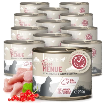 Dosen von Peavet Feines Menü Katzenfutter mit Kaninchen und Johannisbeeren, 98 % Fleisch, zucker- und getreidefrei, jeweils 200 g.
