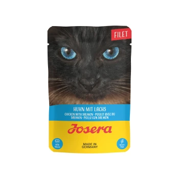 Nahaufnahme des Gesichts einer schwarzen Katze mit blauen Augen auf einem Hundefutterbeutel mit der Aufschrift "Huhn mit Lachs" und "Josera," mit "Getreidefrei"-Symbolen.