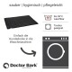 Schwarze, gesteppten Hundedecke mit Waschhinweisen, die besagen, dass sie bis zu 95°C maschinenwaschbar und trocknergeeignet ist, von Doctor Bark.