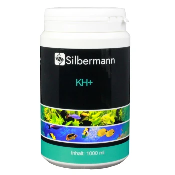 Behälter von Silbermann KH+ für Aquarien, 1000 ml, mit bunten aquatischen Bildern auf dem Etikett.
