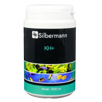 Behälter von Silbermann KH+ für Aquarien, 1000 ml, mit bunten aquatischen Bildern auf dem Etikett.