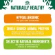 Infographic titled "NATURALLY HEALTHY" highlights hypoallergenic, single source animal protein, and selected natural ingredients.