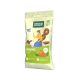 Grüne Petfood-Loopies-Tüte — vegane Hundesnacks, Abbildung von Mensch und Hund, Ringleckerlis und Gemüse; zeigt 'Vegan Formula' und 'Veggie Dog'.
