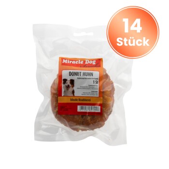 Miracle Dog Snacks Donut Huhn Hundesnack in transparenter Verpackung mit Etikett und orangefarbenem „14 Stück“-Abzeichen.
