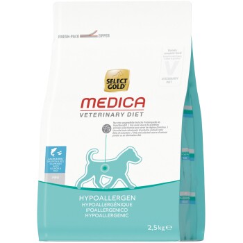 Sac de croquettes hypoallergéniques Select Gold Medica Veterinary Diet, saumon & riz, 2,5 kg, avec les textes "MEDICA" et "HYPOALLERGEN"