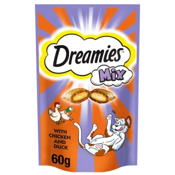 Dreamies Mix cat treats package featuring a playful cat, with illustrations of chickens and ducks, labeled "With Chicken and Duck" and "60g."
