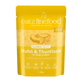 Gelber catz finefood Classic Adult Beutel — 'Huhn & Thunfisch' (Chicken & Tuna) mit Kürbis und Birnen, 85 g.
