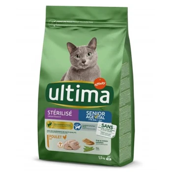 Sterilise +10 Ans avec du Poulet 1,5 kg Sac vert de nourriture pour chat Ultima pour chats stérilisés seniors, présentant un chat gris sur le devant, étiqueté 'poulet' et '1,5 kg.'
