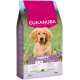 Sac de nourriture pour chiot Eukanuba rose et vert avec photo d'un chiot doré, indiquant 'EUKANUBA', 'PUPPY' et '12 kg'.