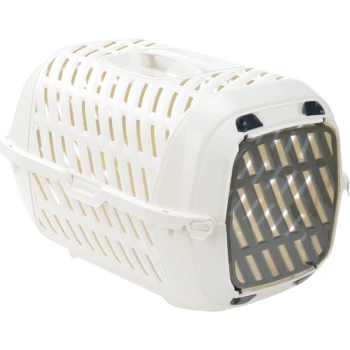 Weißer Haustierträger mit belüftetem Design, ausgestattet mit einer grauen Tür und einem oberen Griff für einfachen Transport.