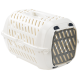 White pet carrier with a ventilated design, featuring a gray door and a top handle for easy transport.