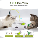 Zwei Kätzchen mit weißem 3-in-1-Katzenspielzeug (rollender Ball, Band). Text: '3 in 1 Fun Time' 'Spin, chase and play all day!'