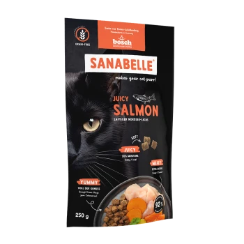 Das Gesicht einer schwarzen Katze neben einem Beutel Sanabelle Juicy Salmon Katzenfutter, mit Text über den Feuchtigkeitsgehalt, die Zutaten und das Gewicht.