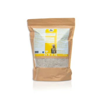 CERVICORN BARF Zusatz 600 g Braune Papiertüte mit Haustierfutter, die mit 'CERVICORN®' beschriftet ist, mit einem gelben Abschnitt mit einem Hundebild, Nettogewicht 600g und Nährwertangaben.