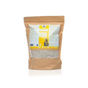 Braune Papiertüte mit Haustierfutter, die mit 'CERVICORN®' beschriftet ist, mit einem gelben Abschnitt mit einem Hundebild, Nettogewicht 600g und Nährwertangaben.