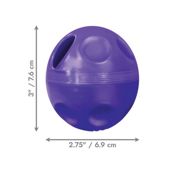 Fioletowa kulista zabawka dla zwierząt z wieloma otworami; pokazane wymiary 3" / 7,6 cm i 2,75" / 6,9 cm.