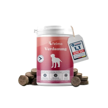 Glas mit felmo „Verdauung“-Hundesnacks, rosa Etikett mit Hundesilhouette und Anhänger mit der Bewertung „1,1 SEHR GUT“