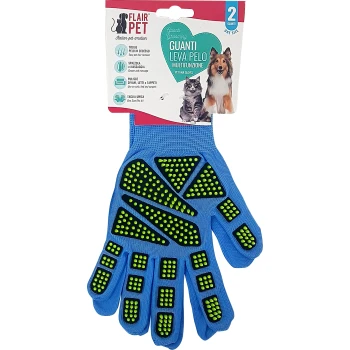 Blaue Haustierpflegehandschuhe mit grünen Gummispitzen, mit der Aufschrift "GUANTI LEVA PELO MULTIFUNZIONE" zum Entfernen von Haustierhaaren und Massieren.