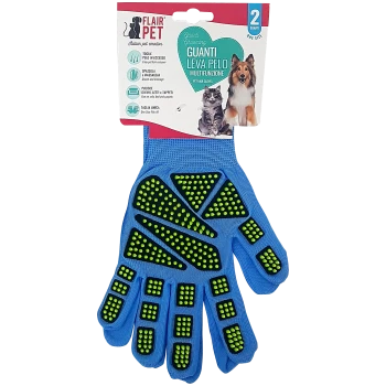 Blaue Haustierpflegehandschuhe mit grünen Gummispitzen, mit der Aufschrift "GUANTI LEVA PELO MULTIFUNZIONE" zum Entfernen von Haustierhaaren und Massieren.