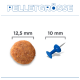 Comparaison de taille des granulés : croquette à gauche étiquetée «12,5 mm», punaise bleue à droite étiquetée «10 mm», en-tête «PELLETGRÖSSE»