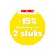 Gele promotiecirkel met rode 'PROMO' tag en witte tekst '-15% bij aankoop van 2 artikelen.'