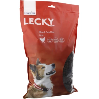 Roter Hundefutterbeutel mit der Aufschrift 'LECKY' und einem lächelnden Hund. Details: 'Klein & Fein Mini', 'Classic', '>64% Fleisch', 'glutenfrei', 'weicher Snack.'