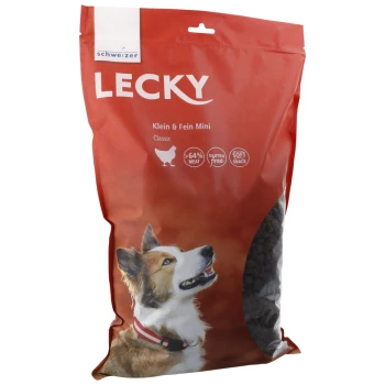 Roter Hundefutterbeutel mit der Aufschrift 'LECKY' und einem lächelnden Hund. Details: 'Klein & Fein Mini', 'Classic', '>64% Fleisch', 'glutenfrei', 'weicher Snack.'